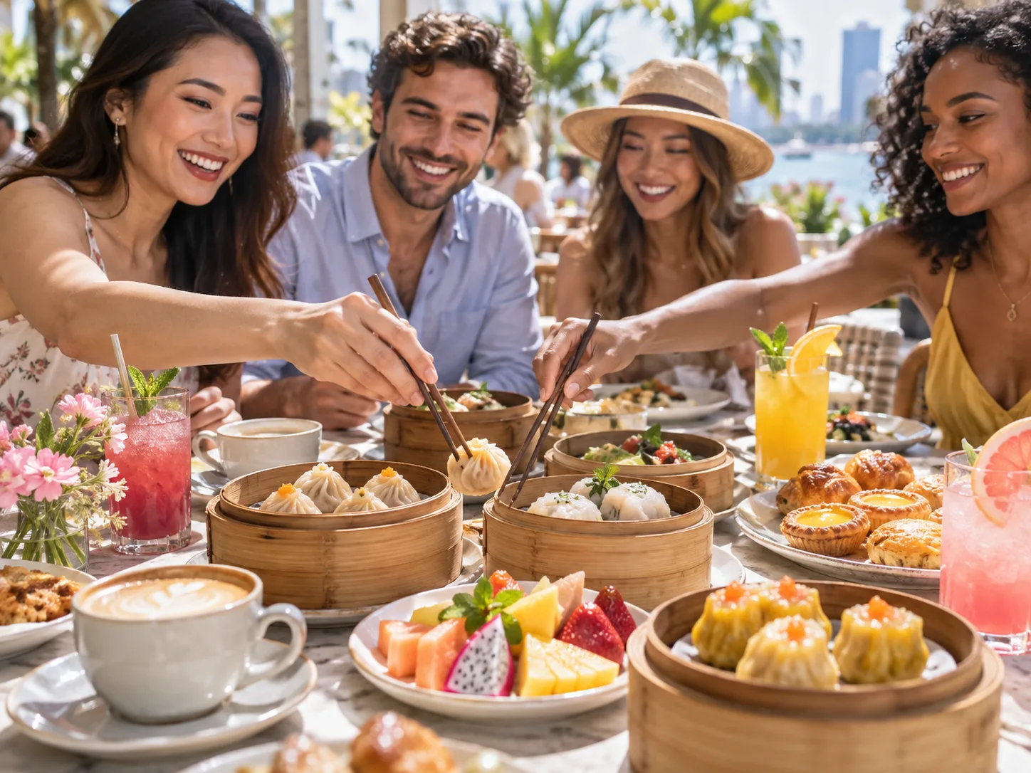 Food and friends around a restaurant table