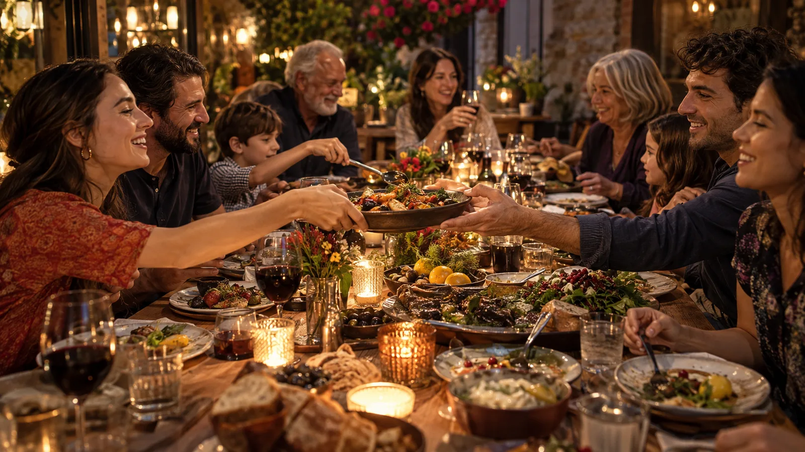 Food shared around a restaurant table