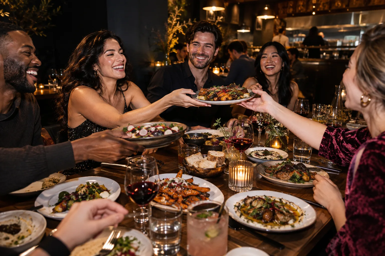 Food and friends around a restaurant table